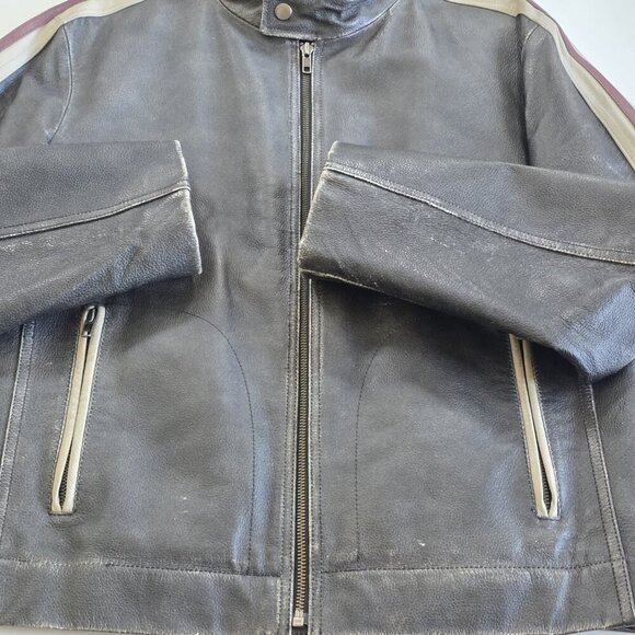 Danier Leather Jacket Men M Gray Biker Zip Striped LS Pockets Textured Rigid VTG - Picture 10 of 16